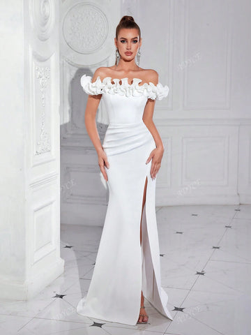 ADYCE Off Shoulder High Waist Slit Back Ruffle Decor Maxi Formal Party Dress For Women