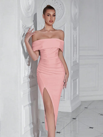 ADYCE Off Shoulder Pleated Front Slit Backless Party Dress