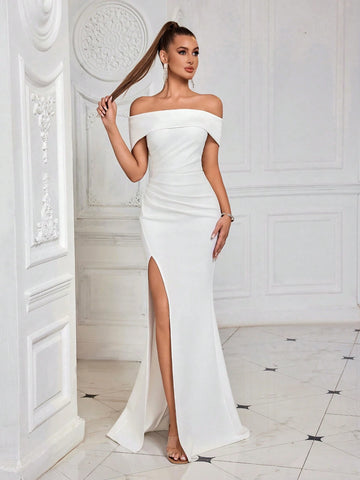 ADYCE Off Shoulder Pleated Front Slit Party Dress
