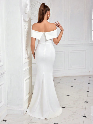 ADYCE Off Shoulder Pleated Front Slit Party Dress