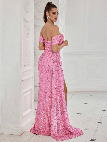 ADYCE Off Shoulder Split Thigh Sequin Cocktail Party Prom Dress