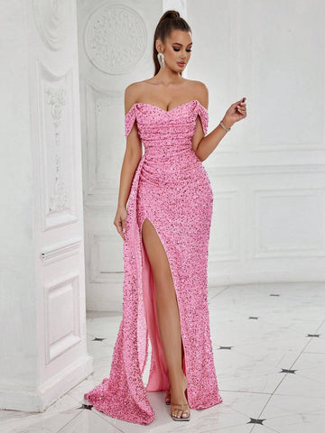 ADYCE Off Shoulder Split Thigh Sequin Cocktail Party Prom Dress