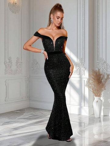 ADYCE Off Shoulder Sparkly High Waist Backless Party Dress