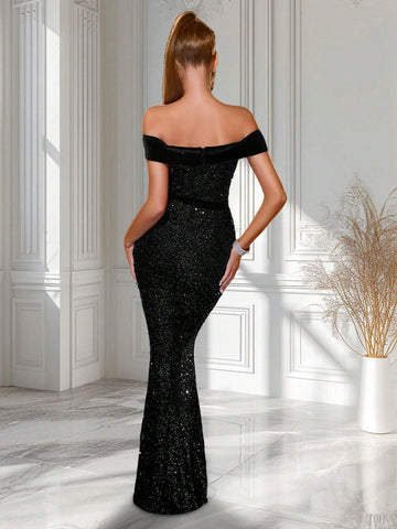 ADYCE Off Shoulder Sparkly High Waist Backless Party Dress
