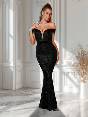 ADYCE Off Shoulder Sparkly High Waist Backless Party Dress