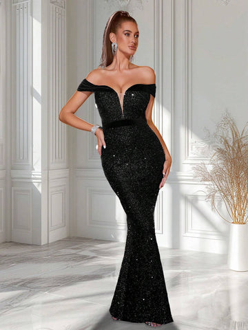 ADYCE Off Shoulder Sparkly High Waist Backless Party Dress