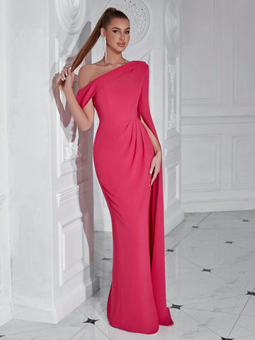 ADYCE One-Shoulder Long-Sleeved Dress With Long Sash For Prom Party