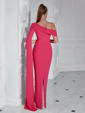 ADYCE One-Shoulder Long-Sleeved Dress With Long Sash For Prom Party