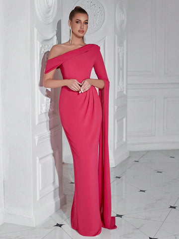 ADYCE One-Shoulder Long-Sleeved Dress With Long Sash For Prom Party