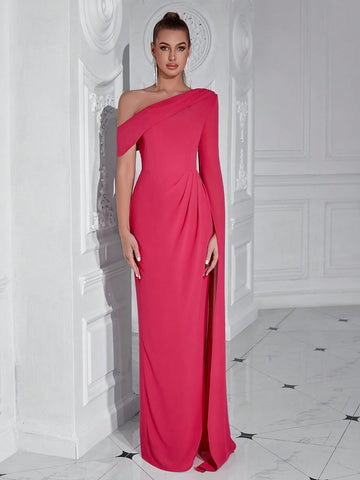 ADYCE One-Shoulder Long-Sleeved Dress With Long Sash For Prom Party