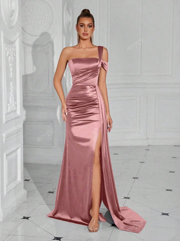 ADYCE One-Shoulder Pleated Waist Long Flowy Tie-Front Open-Back Cocktail Party Dress