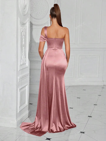 ADYCE One-Shoulder Pleated Waist Long Flowy Tie-Front Open-Back Cocktail Party Dress