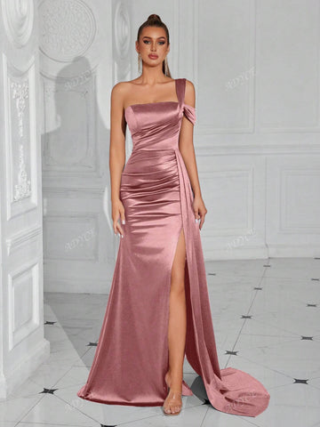 ADYCE One-Shoulder Pleated Waist Long Flowy Tie-Front Open-Back Cocktail Party Dress