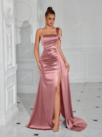 ADYCE One-Shoulder Pleated Waist Long Flowy Tie-Front Open-Back Cocktail Party Dress
