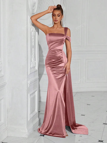 ADYCE One-Shoulder Pleated Waist Long Flowy Tie-Front Open-Back Cocktail Party Dress