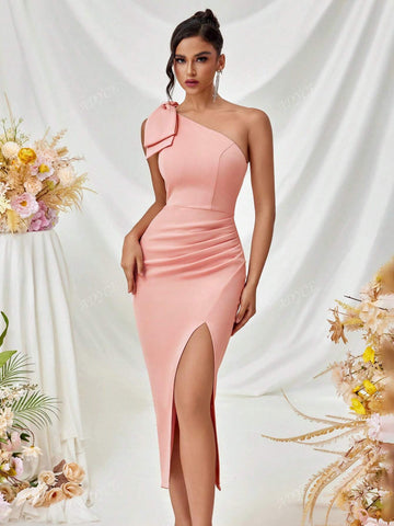 ADYCE One Shoulder Bowknot Pleated Front Slit Open Back Formal Cocktail Party Dress