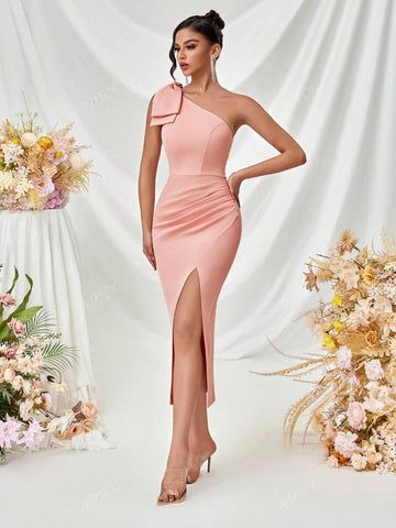 ADYCE One Shoulder Bowknot Pleated Front Slit Open Back Formal Cocktail Party Dress