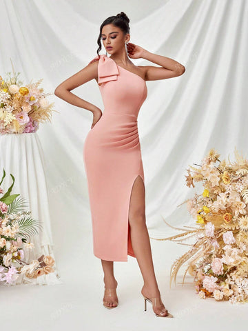 ADYCE One Shoulder Bowknot Pleated Front Slit Open Back Formal Cocktail Party Dress