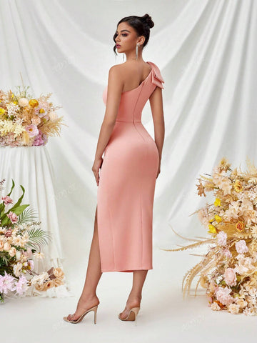 ADYCE One Shoulder Bowknot Pleated Front Slit Open Back Formal Cocktail Party Dress