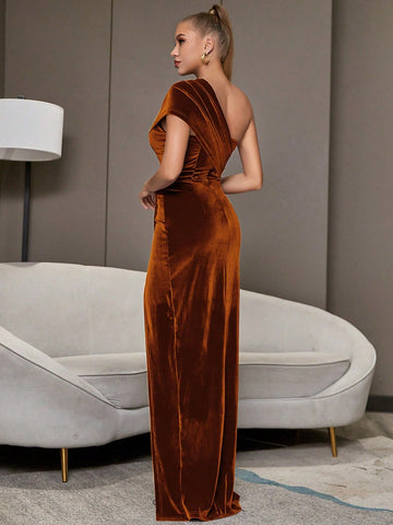 ADYCE Ruched Velvet One Shoulder Long Dress For Graduation, Party, Prom