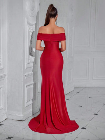 ADYCE Solid Color Backless Off Shoulder Slit Front Party Dress With Sweetheart Neckline