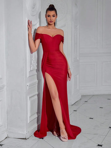 ADYCE Solid Color Backless Off Shoulder Slit Front Party Dress With Sweetheart Neckline