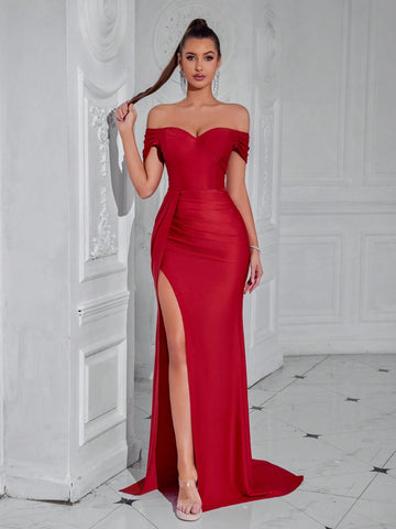 ADYCE Solid Color Backless Off Shoulder Slit Front Party Dress With Sweetheart Neckline