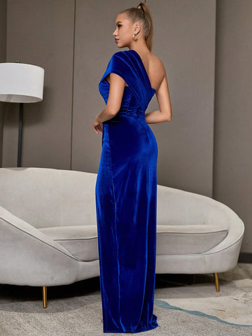 ADYCE Solid Color One Shoulder Pleated Evening Party Dress With Slit