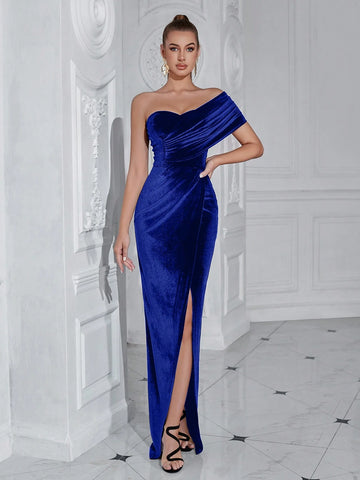 ADYCE Solid Color One Shoulder Pleated Evening Party Dress With Slit
