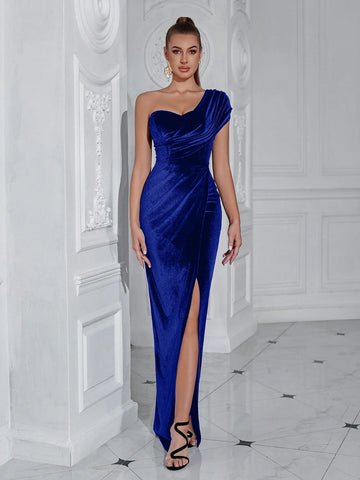 ADYCE Solid Color One Shoulder Pleated Evening Party Dress With Slit