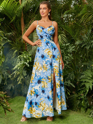 ADYCE Spaghetti Strap V-Neck Floral Printed Chiffon Slit Front Backless Party Maxi Dress