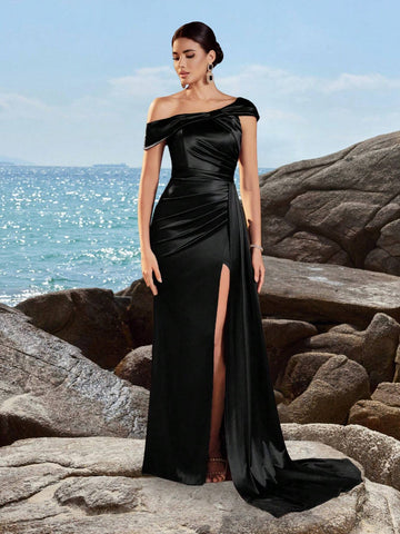 ADYCE Women's Asymmetrical Neck Ruched High Waist Long Flowy Front Slit Party Evening Dress