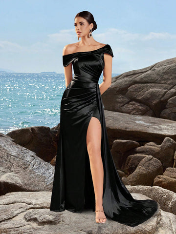 ADYCE Women's Asymmetrical Neck Ruched High Waist Long Flowy Front Slit Party Evening Dress