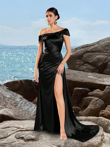 ADYCE Women's Asymmetrical Neck Ruched High Waist Long Flowy Front Slit Party Evening Dress