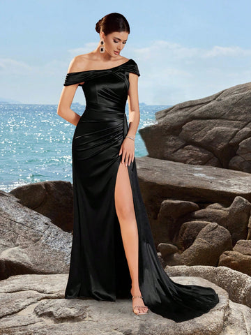 ADYCE Women's Asymmetrical Neck Ruched High Waist Long Flowy Front Slit Party Evening Dress