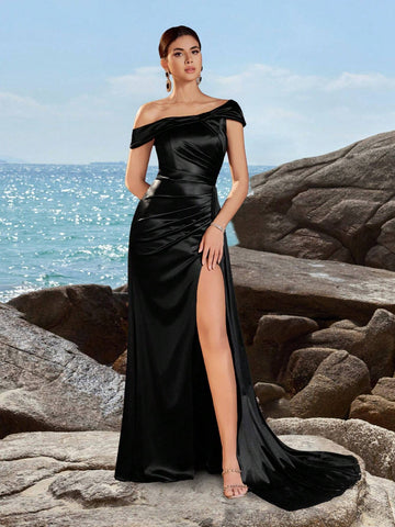 ADYCE Women's Asymmetrical Neck Ruched High Waist Long Flowy Front Slit Party Evening Dress