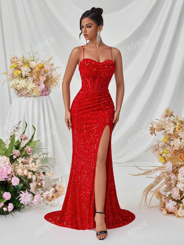 ADYCE Women's Sequined Spaghetti Strap Deep V-Neck Front Slit Open Back Dress, Formal Evening Gown