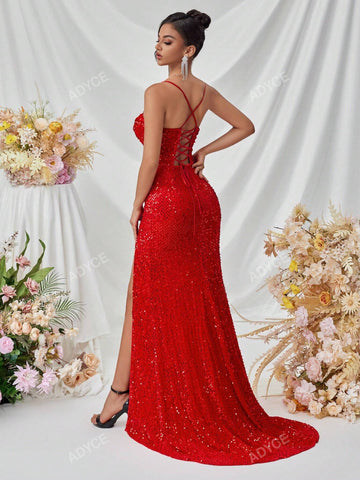ADYCE Women's Sequined Spaghetti Strap Deep V-Neck Front Slit Open Back Dress, Formal Evening Gown