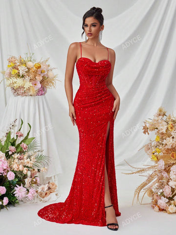 ADYCE Women's Sequined Spaghetti Strap Deep V-Neck Front Slit Open Back Dress, Formal Evening Gown
