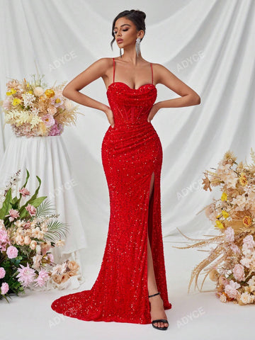 ADYCE Women's Sequined Spaghetti Strap Deep V-Neck Front Slit Open Back Dress, Formal Evening Gown