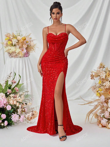 ADYCE Women's Sequined Spaghetti Strap Deep V-Neck Front Slit Open Back Dress, Formal Evening Gown