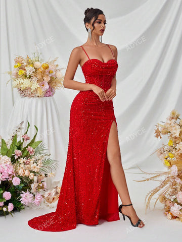 ADYCE Women's Sequined Spaghetti Strap Deep V-Neck Front Slit Open Back Dress, Formal Evening Gown