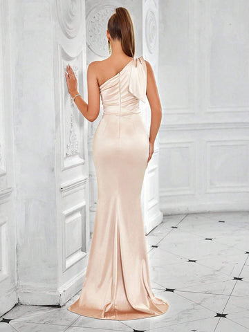 ADYCE Women's Solid Color One Shoulder Ruffle Front Split Party Prom Dress