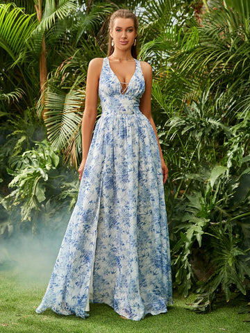 ADYCE Women's V-Neck High-Waisted Floral Printed Front Split Backless Party Dress