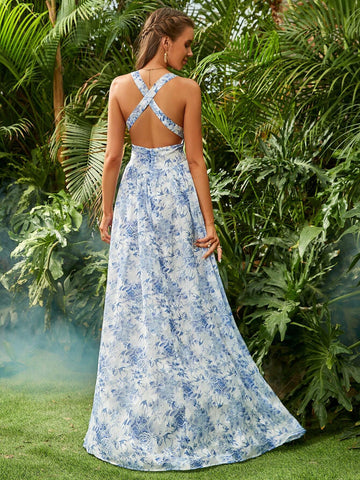 ADYCE Women's V-Neck High-Waisted Floral Printed Front Split Backless Party Dress