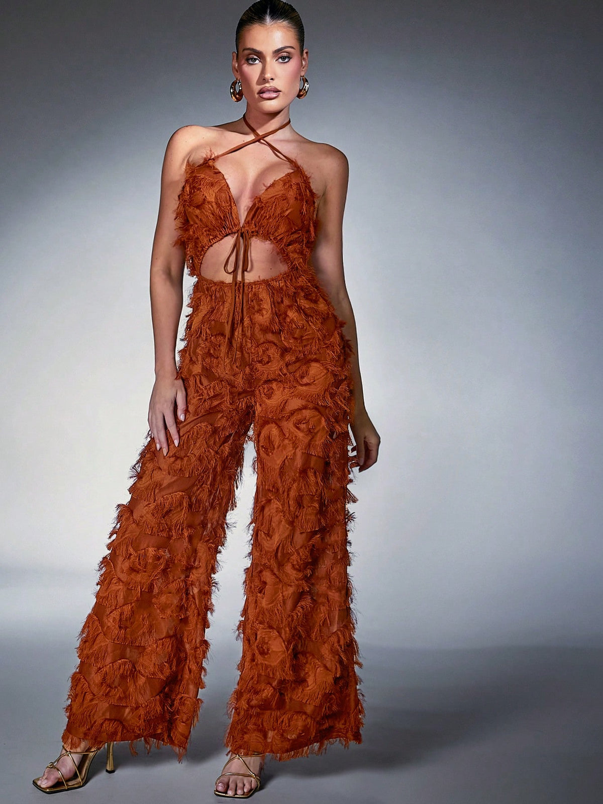 AEOM Tie Front Fringe Trim Halter Jumpsuit