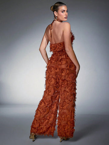 AEOM Tie Front Fringe Trim Halter Jumpsuit