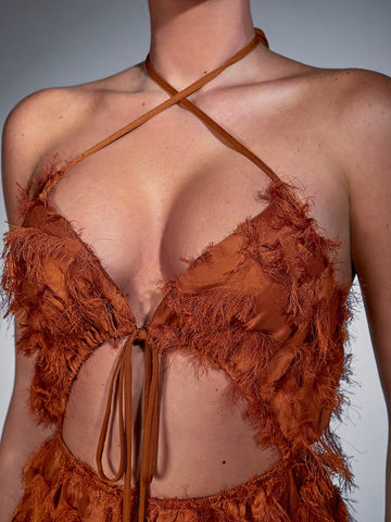 AEOM Tie Front Fringe Trim Halter Jumpsuit