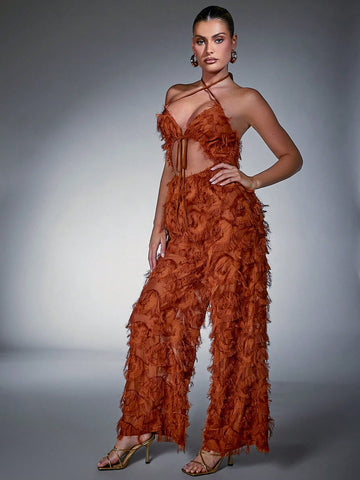 AEOM Tie Front Fringe Trim Halter Jumpsuit