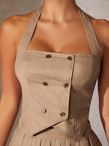 ALT Button Halter Top & Pleated Skirt Set